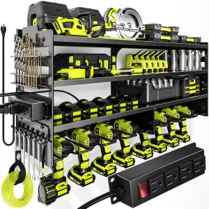 Heavy Duty Wall Mount Tool Organizer with Charging Station, 4 Layer Rack, 600lbs