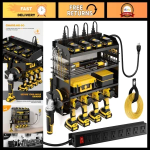 Heavy Duty Wall Mount Power Tool Organizer with Charging Station & 8 Outlet Rack