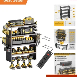 5-Tier Power Tool Organizer Wall Mount with 4 Power Strip, Black