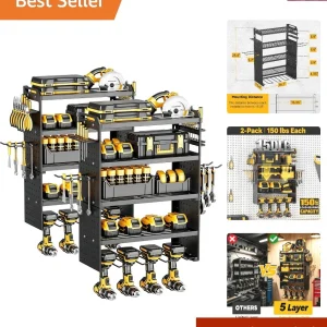2 Pack Power Tool Organizer Wall Mount, 5‑Tier Garage Organization, Black