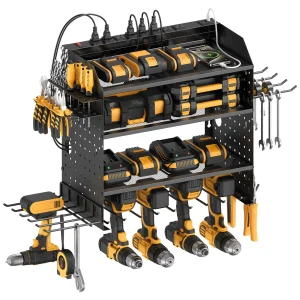 4-Tier Power Tool Organizer with USB Charging Station, Black Metal Wall Mount
