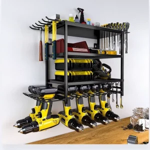 Heavy-Duty 4-Layer Wall-Mounted Power Tool Organizer with Hooks