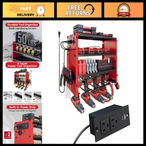 Wall-Mounted Power Tool Organizer with Power Strip - 4 Layer Storage Solution